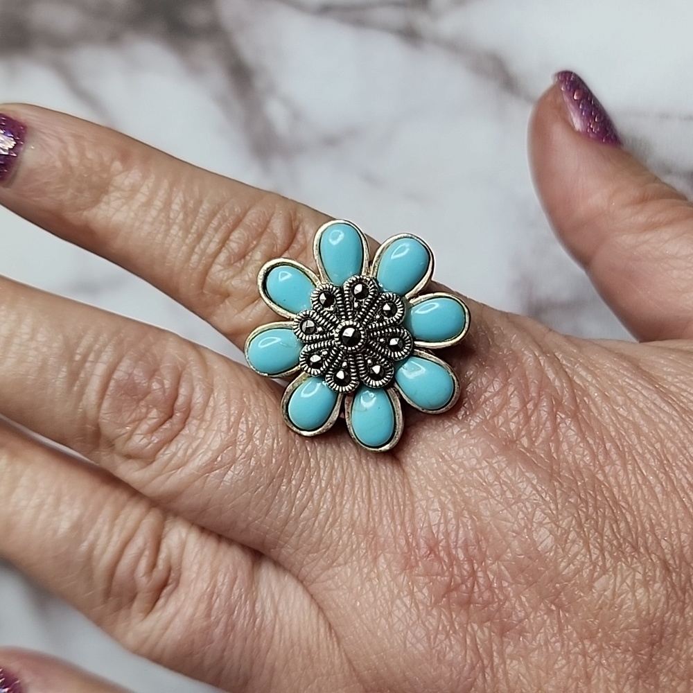 Sterling Silver Turquoise Flower Statement Ring W… - image 7